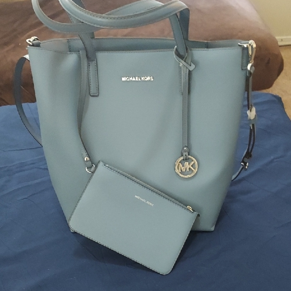 Michael Kors Blue Structured Tote with Metallic Hardware